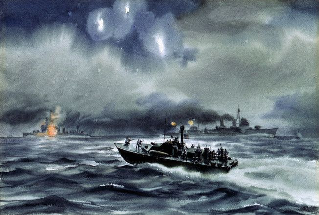  5. Trận cuối cùng của kỷ nguyên "hải chiến ban đêm". Trận eo biển Surigao là trận hải chiến cuối cùng trong lịch sử mà các thiết giáp hạm sử dụng chiến thuật pháo kích ban đêm truyền thống. Hải quân Mỹ, với các thiết giáp hạm hiện đại và radar, dễ dàng đánh bại lực lượng Nhật Bản. Ảnh: Pinterest.