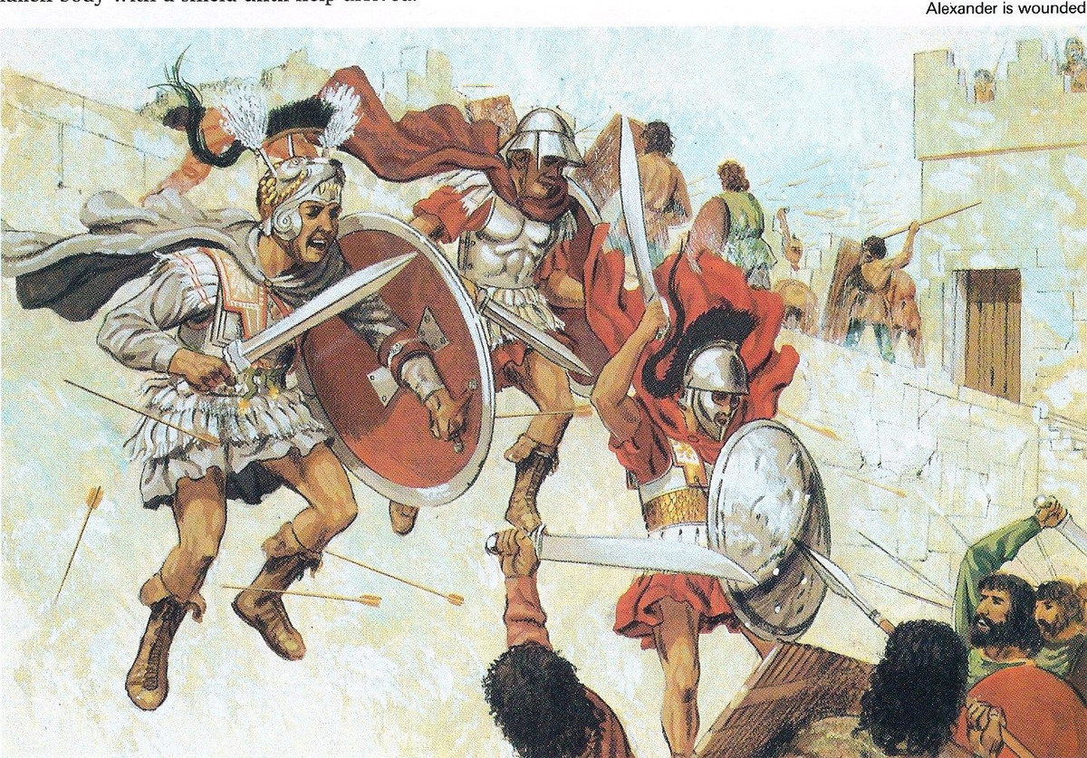  9. Trận chiến với các bộ lạc Mallian. Trên đường trở về, Alexander bị thương nặng trong một cuộc tấn công vào thành phố của bộ lạc Mallian, suýt mất mạng vì bị bắn trúng ngực. Ảnh: Pinterest.