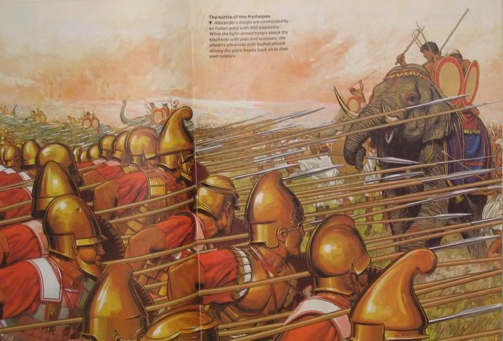  4. Voi chiến – vũ khí mới lạ. Đây là lần đầu tiên Alexander và quân đội của ông phải đối mặt với voi chiến, một lực lượng khiến binh lính Hy Lạp kinh ngạc và e sợ. Ảnh: Pinterest.