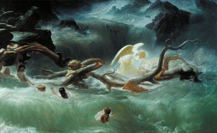  3. Giả thuyết thần thoại và biểu tượng. Một số học giả coi Đại hồng thủy là một câu chuyện thần thoại, được sáng tạo để truyền đạt các giá trị đạo đức hoặc tôn giáo. Ảnh: Pinterest.