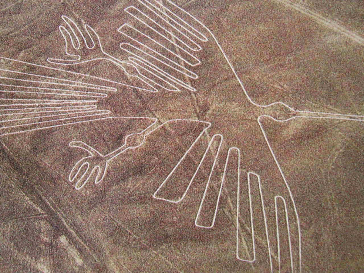  Các đường vẽ Nazca – Peru. Các đường vẽ Nazca là những hình vẽ khổng lồ trên mặt đất, thể hiện hình ảnh động vật, con người và hình học mà chỉ có thể thấy rõ từ trên cao. Một số người cho rằng đây là thông điệp hoặc dấu hiệu cho người ngoài hành tinh, hoặc thậm chí là “sân bay” cho tàu vũ trụ. Ảnh: Pinterest.