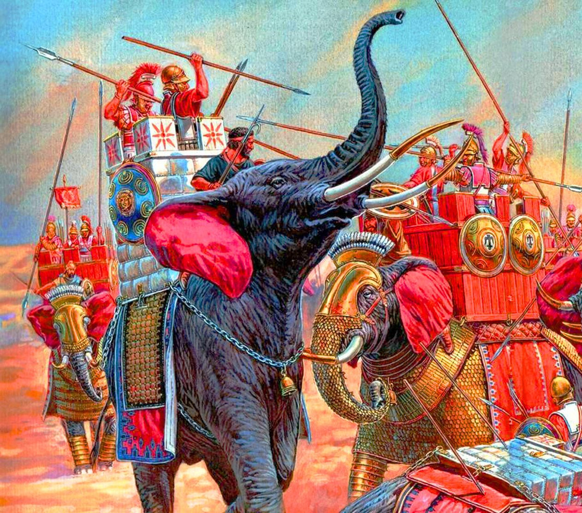  11. Nhược điểm của voi chiến. Voi chiến dễ bị hoảng loạn nếu bị thương hoặc gặp lửa, khiến chúng quay lại dẫm đạp chính quân đội của mình. Đây là một điểm yếu lớn mà kẻ địch thường khai thác. Ảnh: Pinterest.