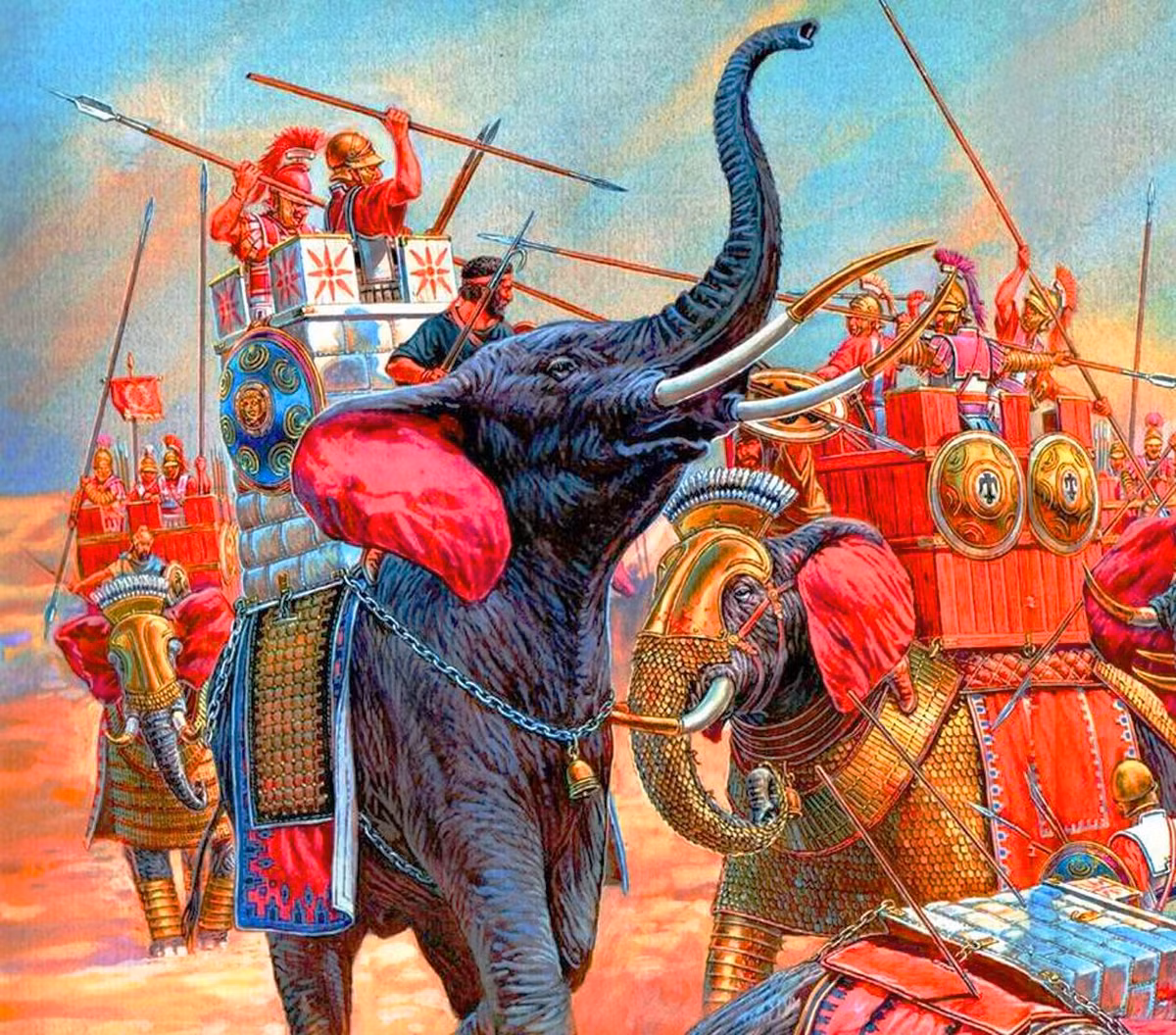  11. Nhược điểm của voi chiến. Voi chiến dễ bị hoảng loạn nếu bị thương hoặc gặp lửa, khiến chúng quay lại dẫm đạp chính quân đội của mình. Đây là một điểm yếu lớn mà kẻ địch thường khai thác. Ảnh: Pinterest.