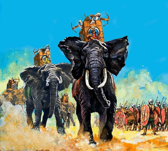  4. Khả năng tâm lý chiến. Sự xuất hiện của voi trên chiến trường có thể làm lính địch hoảng sợ, đặc biệt là những người chưa từng đối mặt với chúng. Tiếng gầm của voi và kích thước khổng lồ của chúng tạo nên một áp lực tâm lý lớn. Ảnh: Pinterest.