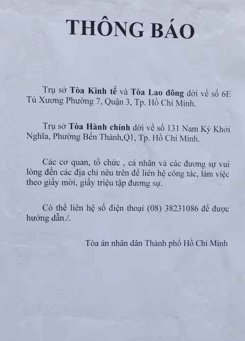 Ngày làm việc đầu tuần hôm nay, Tòa án Nhân dân TP HCM ra thông báo về việc các trụ sở Tòa án (Kinh tế-Lao động-Hành chính) phải di dời đến khu vực mới