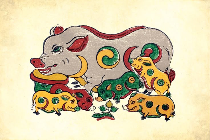  3. Hình ảnh biểu tượng trong tranh Đông Hồ. Lợn ỉ xuất hiện trong nhiều bức tranh dân gian Đông Hồ, tượng trưng cho sự sung túc, thịnh vượng và sinh sản. Ảnh: Pinterest.