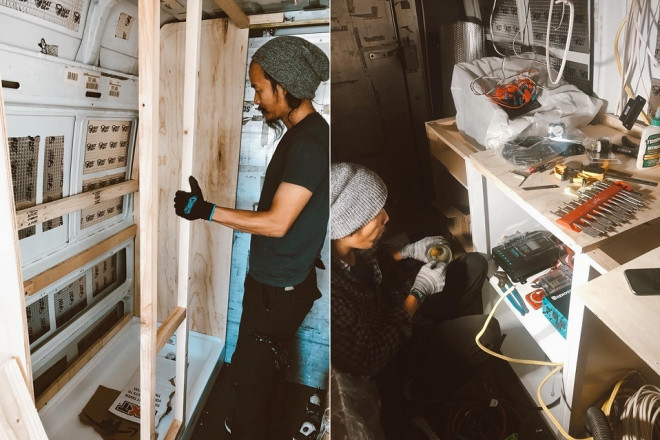 Mua xe xong, chồng Mây đã lên ý tưởng và thiết kế lại toàn bộ nội thất của xe. Sau một tuần lo giấy tờ và đem xe đi kiểm tra máy, chồng Mây bắt đầu công đoạn đầu tiên là tháo dỡ hết kệ có sẵn, gỡ tấm ván sàn cũ, lau chùi những chỗ gỉ sét, sơn lại xe.