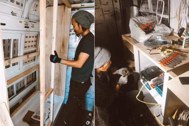 Mua xe xong, chồng Mây đã lên ý tưởng và thiết kế lại toàn bộ nội thất của xe. Sau một tuần lo giấy tờ và đem xe đi kiểm tra máy, chồng Mây bắt đầu công đoạn đầu tiên là tháo dỡ hết kệ có sẵn, gỡ tấm ván sàn cũ, lau chùi những chỗ gỉ sét, sơn lại xe.