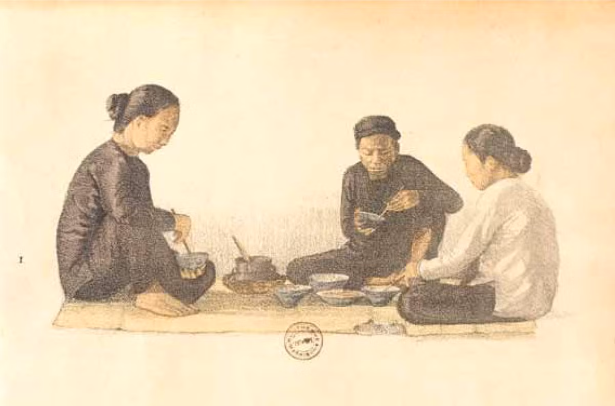 Bức ký họa một bữa cơm và các món ăn này cho biết phần nào phong tục ăn uống của người xưa.