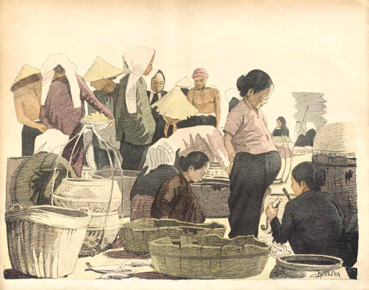 Bức ký họa chợ cá tại Bà Chiểu (thuộc quận Bình Thạnh ngày nay) cho thấy hoạt động bán buôn trao đổi của người Sài Gòn xưa.