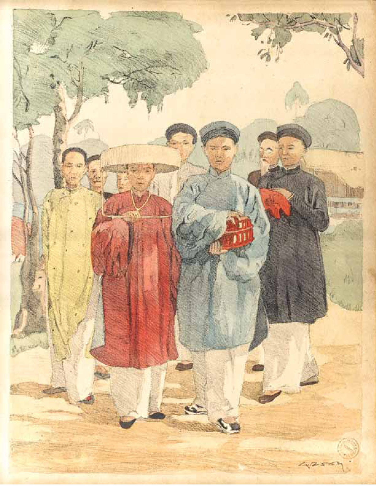 Chủ đề trong Ký họa về Đông Dương - Nam Kỳ rất phong phú. Bên cạnh các bức ký họa miêu tả phong cảnh, di tích, hoặc phản ánh đời sống kinh tế (chiếm phần lớn), là những bức ký họa phản ánh những nét rất riêng về phong tục tập quán, đời sống văn hóa - tâm linh, hay nếp sinh hoạt của cư dân Sài Gòn đầu thế kỷ XX. Trong ảnh là bức ký họa phản ánh phong tục cưới hỏi của người Sài Gòn xưa. Chú rể mang hộp đựng lễ vật; phù rể bưng mâm trầu, cau và rượu, trên phủ một chiếc khăn hồng điều.