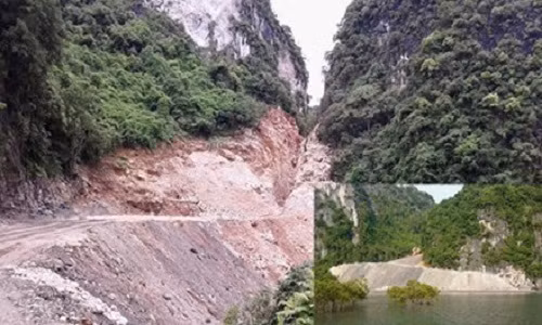 Con đường san gạt, xẻ núi có chỗ khoét sâu hàng chục mét (ảnh lớn) Điểm cuối đường đã thông ra tới bờ biển tại khu vực vụng Vuông, đất đá đổ tràn xuống bờ vịnh Hạ Long (ảnh nhỏ).