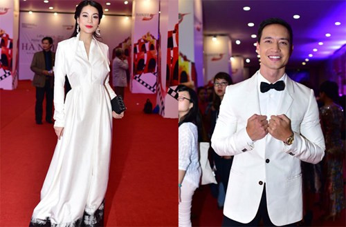 Trương Ngọc Ánh bí ẩn trong chiếc váy trắng của Lâm Gia Khang. Trong khi đó, chàng diễn viên điển trai cũng chọn bộ vest cùng tông màu. (Ảnh Zun Phan)