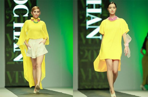 Người mẫu Võ Hoàng Yến (bên trái) và Hoa hậu Thùy Dung trình diễn các thiết kế của Ngọc Hân.