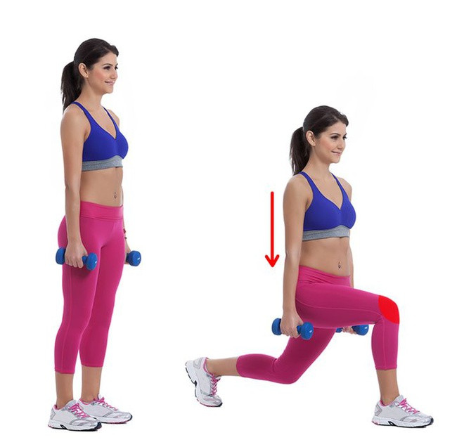  3. Lunge: Đây được hiểu đơn giản là bài tập bước chân tới trước và gập gối, là động tác cơ bản, dễ thực hiện. Nó không chỉ có tác dụng định hình vòng 3 căng tròn mà còn giúp giảm mỡ thừa tại vùng bắp đùi. Đặc biệt, bạn có thể kết hợp thêm tạ để tạo sức nặng cho bài tập tăng kích thước vòng 3 hiệu quả hơn. Ảnh: Brightside.