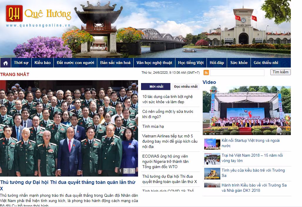 Tờ báo trực tuyến đầu tiên của Việt Nam là tờ tạp chí Quê hương điện tử, tờ tạp chí của Ủy ban về người Việt Nam ở nước ngoài trực thuộc Bộ Ngoại giao. Báo phát hành số đầu tiên vào ngày 6/2/1997, chính thức khai trương ngày 3/12/1997.