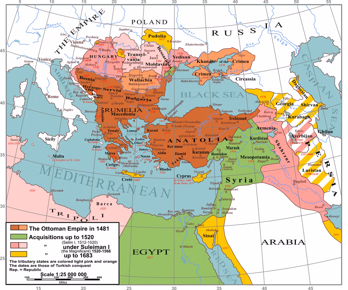 Suleiman cũng bành trướng sang Châu Á bằng lực lượng hải quân lớn nhất và hiện đại nhất thế giới lúc bấy giờ. Dưới sự lãnh đạo về chính trị và quân sự của Suleiman, đế chế Ottoman đã trở thành một trong những đế chế rộng lớn và kéo dài nhất lịch sử thế giới.