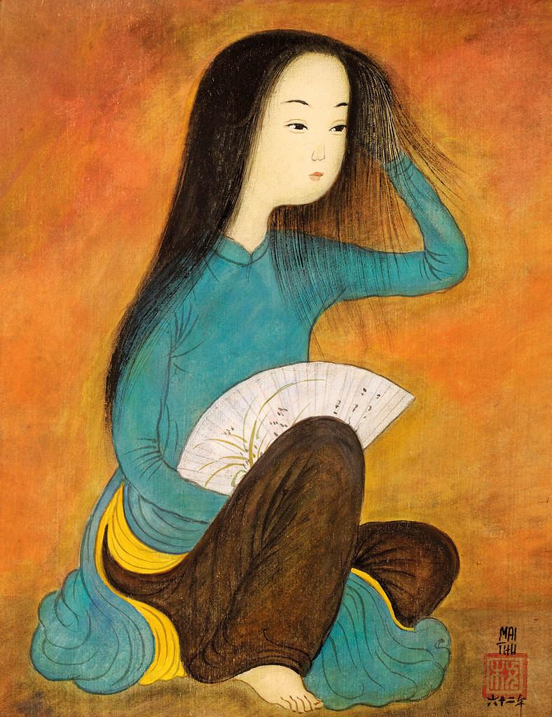 Cô gái cầm quạt (Girl with Fan), tranh lụa của danh họa Mai Trung Thứ. Bức tranh được trả 118.750 HKD (trên 350 triệu đồng) trong phiên đấu giá ở Hồng Kông năm 2013.