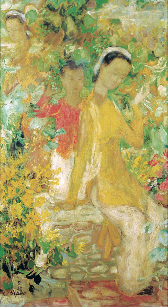 Trong vườn nho (Dans les vignes), tranh lụa của danh họa Lê Phổ. Bức tranh được trả 162.500 HKD (khoảng 480 triệu đồng) trong phiên đấu giá ở Hồng Kông năm 2010.