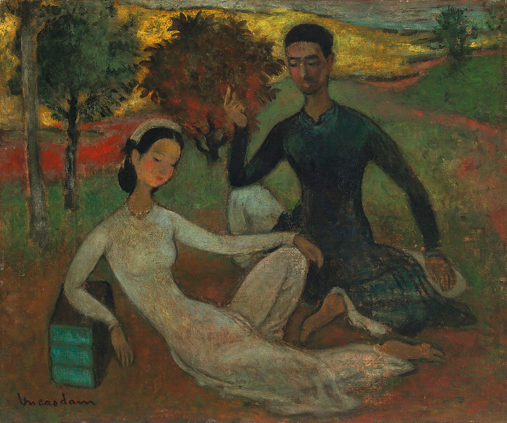 Cặp tình nhân giữa phong cảnh đẹp (Lovers in a Landscape), tranh sơn dầu của danh họa Vũ Cao Đàm. Bức tranh được trả 56.250 HKD (khoảng 170 triệu đồng) trong phiên đấu giá ở Hồng Kông năm 2013.