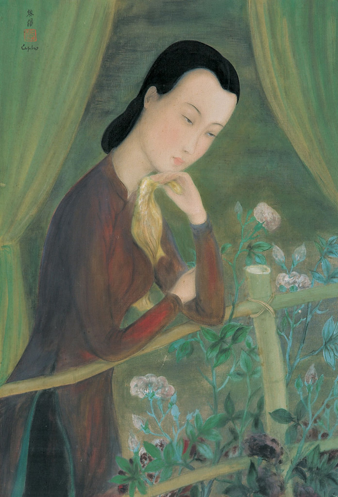 Quý cô bên giàn hoa (Lady by a floral trellis), tranh lụa của danh họa Việt Nam Lê Phổ (1907-2001). Bức tranh được trả 920.000 HKD (khoảng 2,7 tỉ đồng) trong phiên đấu giá ở Hồng Kông năm 2010.