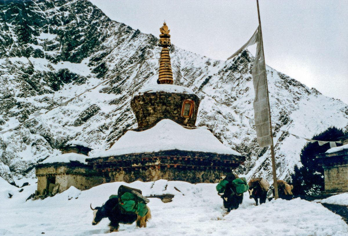 Tháp stupa mang phong cách đặc trưng của nền văn hóa Phật giáo khu vực Himalaya.