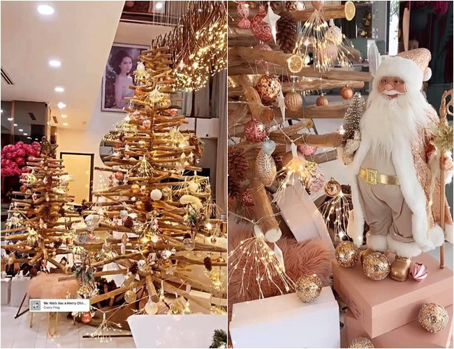 ây thông Noel cũng đã được trang trí gần như hoàn thiện. Được biết cây thông nhà Ngọc Trinh dựng lên từ các thanh gỗ. Các tán cây được ghép từ những vật trang trí và có đèn nhấp nháy bao quanh.