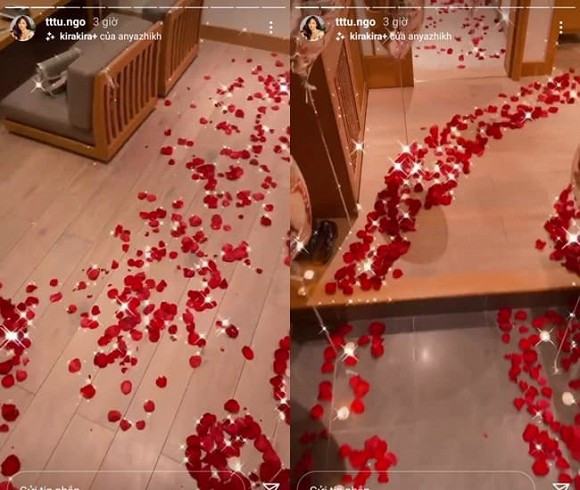 Để tạo bất ngờ cho người bạn đời, Á hậu 1 Hoa hậu Việt Nam 2016 rải hoa hồng, trang trí từ phòng ngủ đến phòng tắm. Nhìn qua không gian, nhiều người nhận xét nàng Á hậu trang trí phòng lộng lẫy chẳng khác nào tân hôn.