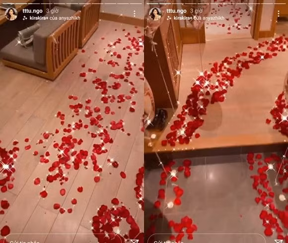 Để tạo bất ngờ cho người bạn đời, Á hậu 1 Hoa hậu Việt Nam 2016 rải hoa hồng, trang trí từ phòng ngủ đến phòng tắm. Nhìn qua không gian, nhiều người nhận xét nàng Á hậu trang trí phòng lộng lẫy chẳng khác nào tân hôn.