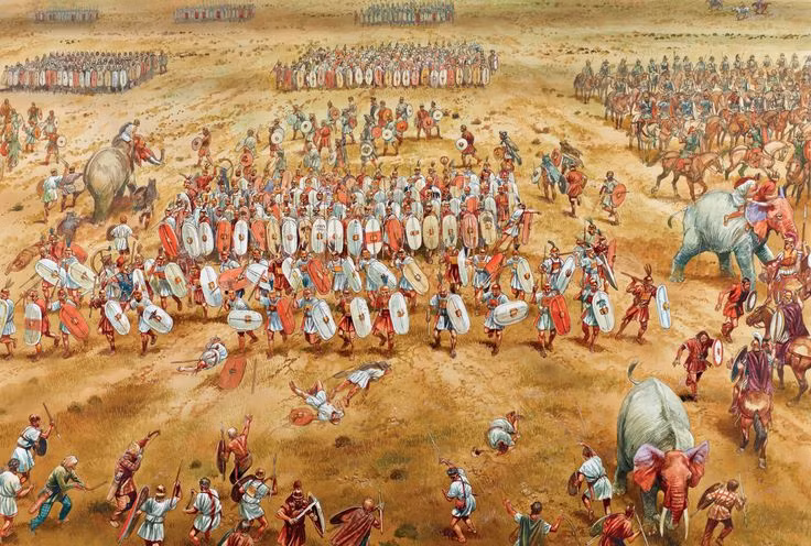 1. Trận quyết chiến chiến lược giữa hai kỳ phùng địch thủ. Trận chiến này diễn ra tại Zama, hiện nay thuộc Tunisia, giữa quân đội La Mã dưới sự chỉ huy của Scipio Africanus và quân đội Carthage của Hannibal Barca. Ảnh: Pinterest.