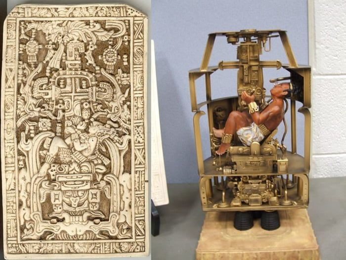  6. Giải thích theo quan điểm khảo cổ học. Các nhà khoa học chính thống cho rằng hình khắc này thực chất mô tả Pakal đang rơi xuống Xibalba – thế giới ngầm trong thần thoại Maya – với biểu tượng cây sự sống bao quanh. Ảnh: Pinterest.