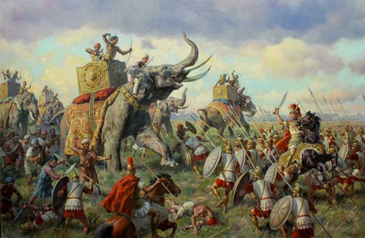 3. Voi chiến của Porus gây khó khăn cho quân Macedonia. Đội quân của Porus sở hữu một số lượng lớn voi chiến, khiến binh lính Macedonia ban đầu lúng túng, nhưng Alexander đã tìm ra cách khắc chế bằng việc tấn công kỵ binh đối phương trước. Ảnh: Pinterest.