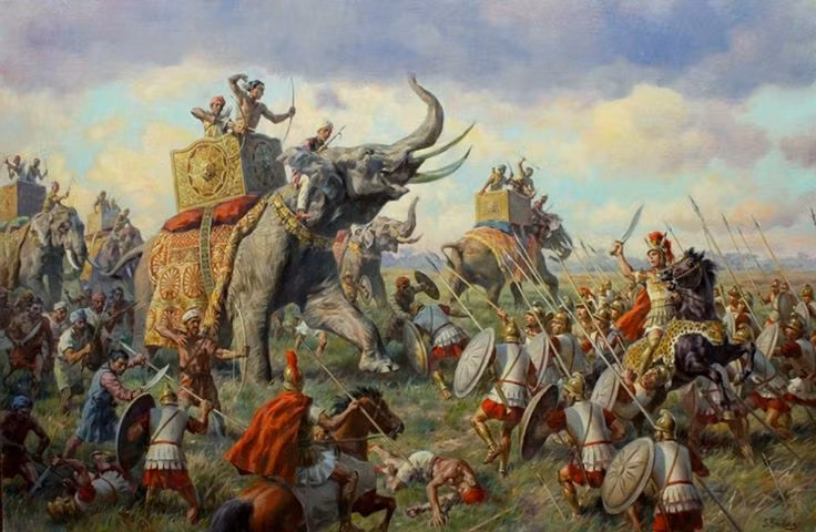  3. Voi chiến của Porus gây khó khăn cho quân Macedonia. Đội quân của Porus sở hữu một số lượng lớn voi chiến, khiến binh lính Macedonia ban đầu lúng túng, nhưng Alexander đã tìm ra cách khắc chế bằng việc tấn công kỵ binh đối phương trước. Ảnh: Pinterest.
