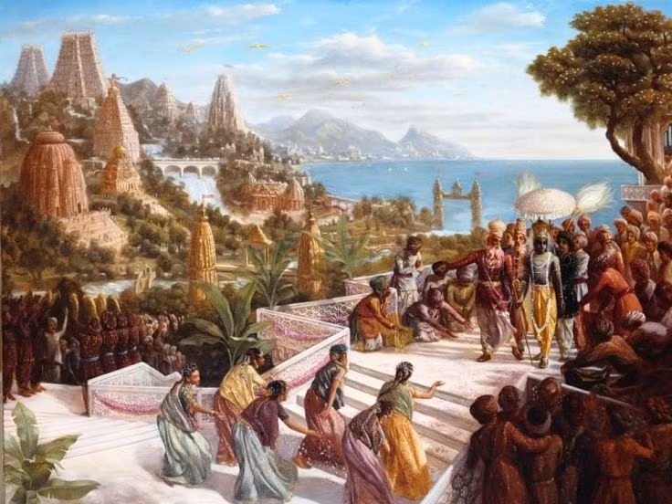  1. Được nhắc đến trong sử thi Mahabharata. Theo sử thi Mahabharata, Dwarka là vương quốc hùng mạnh do thần Krishna xây dựng, nhưng sau khi ông qua đời, thành phố này đã bị nhấn chìm dưới biển. Ảnh: Pinterest.