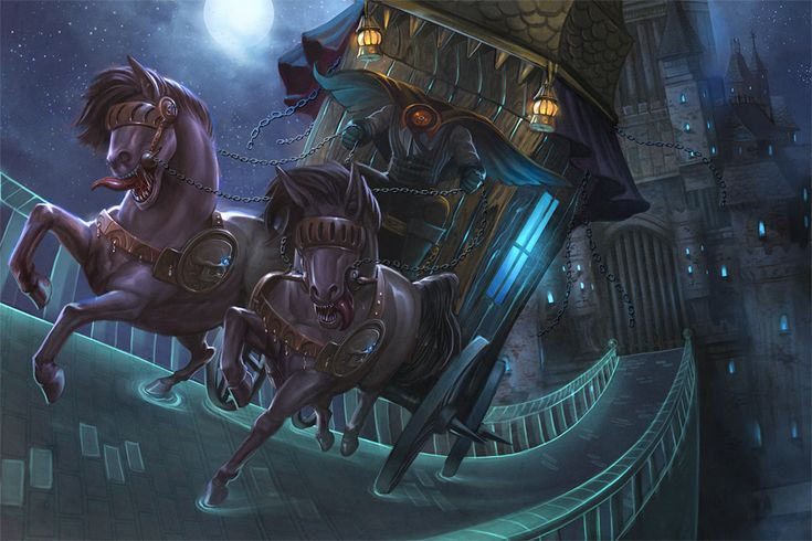 5. Xe ngựa của Dullahan được trang trí bằng xương người. Trong một số phiên bản của truyền thuyết, Dullahan không chỉ cưỡi ngựa mà còn lái một cỗ xe ngựa ma quái, với bánh xe làm từ xương người và đèn lồng được tạo ra từ hộp sọ. Ảnh: Pinterest.