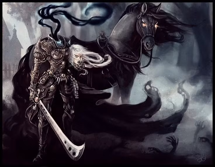  1. Dullahan là sứ giả của cái chết. Theo thần thoại, Dullahan không chỉ là một linh hồn lang thang mà còn là người đưa tin của cái chết. Hắn xuất hiện vào ban đêm để gọi tên những kẻ sắp chết, và khi hắn dừng lại, một linh hồn sẽ bị lấy đi. Ảnh: Pinterest.