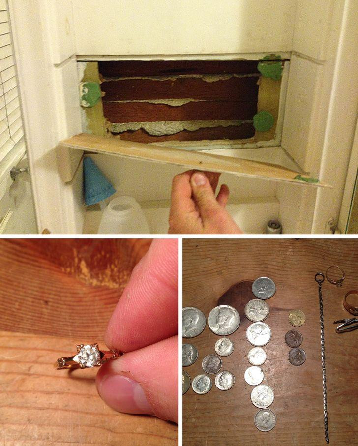 hủ nhà mới đã tìm thấy một nơi bí mật phía dưới bồn rửa nơi cất giấu báu vật đúng nghĩa bao gồm nhiều đồng xu và 2 chiếc nhẫn.
