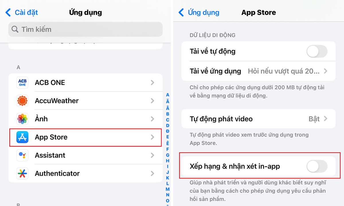 Tắt gợi ý đánh giá ứng dụng Vào Cài đặt &gt; App Store, tắt "Xếp hạng và nhận xét trong ứng dụng" để không bị làm phiền bởi các thông báo yêu cầu đánh giá.