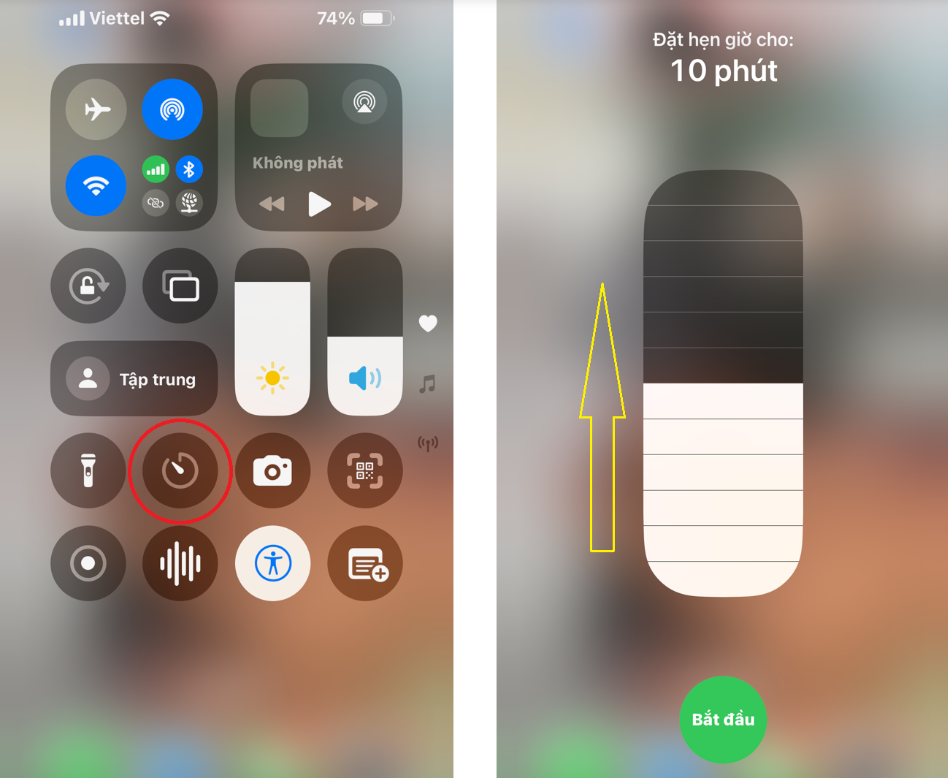 Hẹn giờ nhanh qua Trung tâm điều khiển. Mở Trung tâm điều khiển, giữ nút Hẹn giờ, kéo thanh trượt lên để chọn thời gian và bấm Bắt đầu.