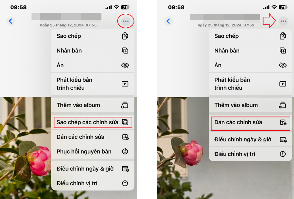 Sao chép và dán chỉnh sửa ảnh. Sau khi chỉnh ảnh xong, muốn các bức ảnh khác cũng đặt thông số tương tự, bạn chỉ việc bấm vào dấu ba chấm &gt; Sao chép chỉnh sửa. Sau đó mở ảnh khác, bấm ba chấm &gt; Dán chỉnh sửa.