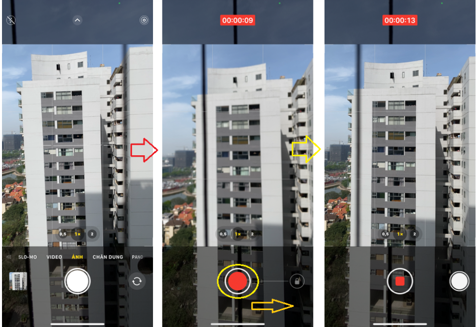 QuickTake Video. Từ iPhone 11 trở đi, bạn có thể quay video ngay trong chế độ chụp ảnh bằng cách giữ nút chụp. Trượt sang phải để khóa quay video, và bạn có thể chụp ảnh khi đang quay.