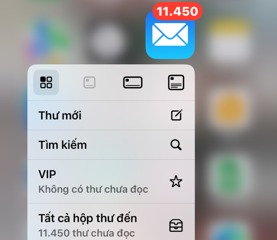 Bật danh sách hành động nhanh khi giữ ứng dụng. Bạn có thể giữ biểu tượng ứng dụng trên Màn hình chính để mở các hành động nhanh như tạo Ghi chú, định vị trên Bản đồ, soạn email, tạo sự kiện...