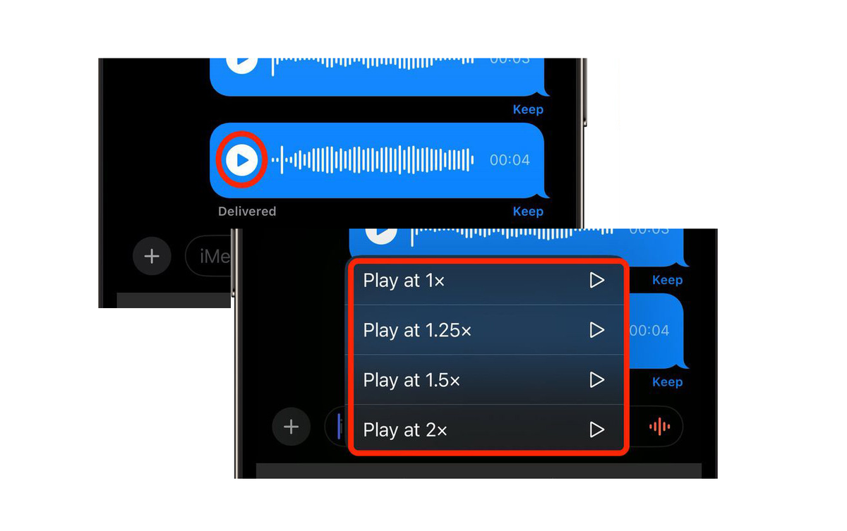 Điều chỉnh tốc độ tin nhắn âm thanh. Để nghe một tin nhắn thoại từ một người gửi có thoi quen nói chậm sẽ rất mất thời gian. Bạn có thể giữ nút phát trên tin nhắn thoại để chọn tốc độ phát: 1x, 1.25x, 1.5x hoặc 2x.