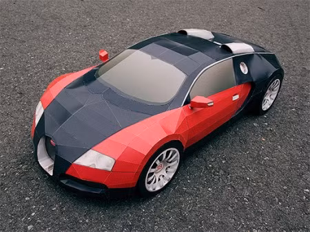 Nhà thiết kế trẻ Tarak Lesko đã mất 6 ngày để tạo ra chiếc Bugatti Veyron bằng giấy này. Hình in trên 44 tờ giấy A4 tạo thành 159 bộ phận ráp nên chiếc xe dài 76cm. Các bộ phận được ráp với nhau bằng hồ và băng dính.