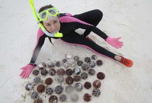 Một du khách với các "chiến lợi phẩm" vơ vét ở Hoàng Sa. Ảnh: cmfish.com