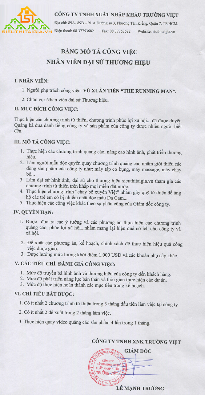 Bản mô tả công việc cho vị trí "Nhân viên đại sứ Thương hiệu" dành cho Vũ Xuân Tiến