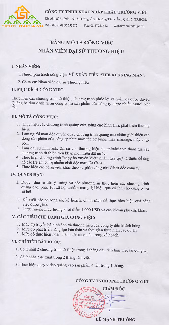 Bản mô tả công việc cho vị trí "Nhân viên đại sứ Thương hiệu" dành cho Vũ Xuân Tiến
