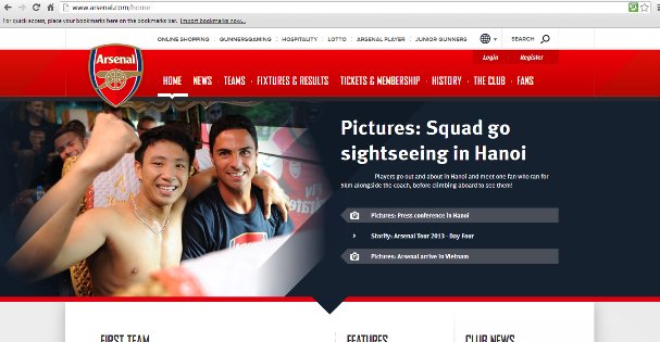 Xuân Tiến trên trang chủ của Arsenal. Ảnh: Arsenal FC