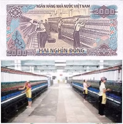Cảnh chụp tại nhà máy dệt Nam Định được in trên tờ tiền 2.000 đồng
