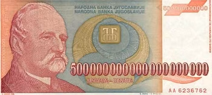 Đồng tiền giấy mệnh giá cao nhất năm 1988 của Nam Tư là 50.000 dinara (đơn vị tiền tệ) đã thay đổi lên tới 500.000.000.000 dinara vào năm 1994.